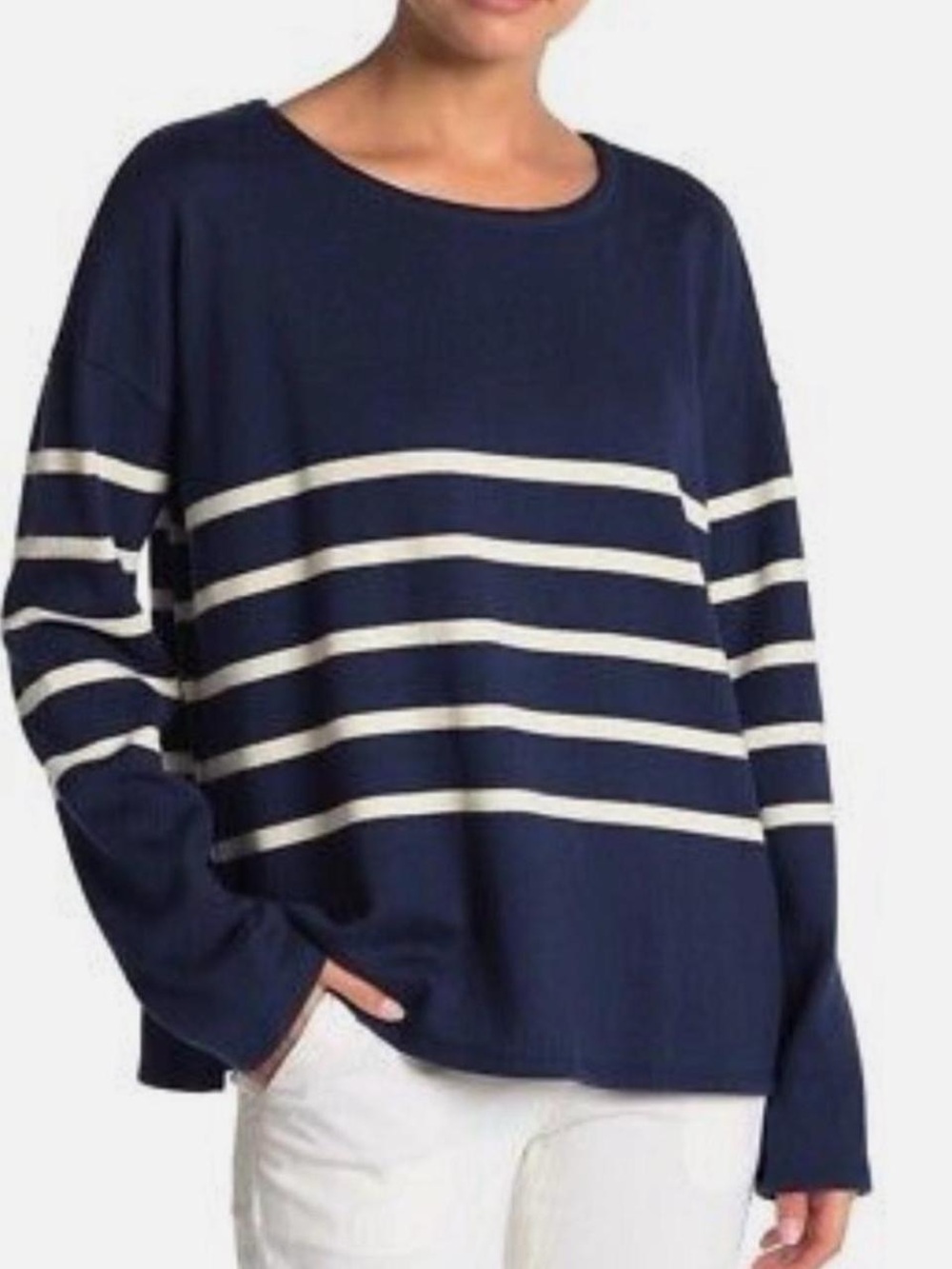 EILEEN FISHER Navy blue White stripes Organic Cotton Related fit Sweater Sz XL